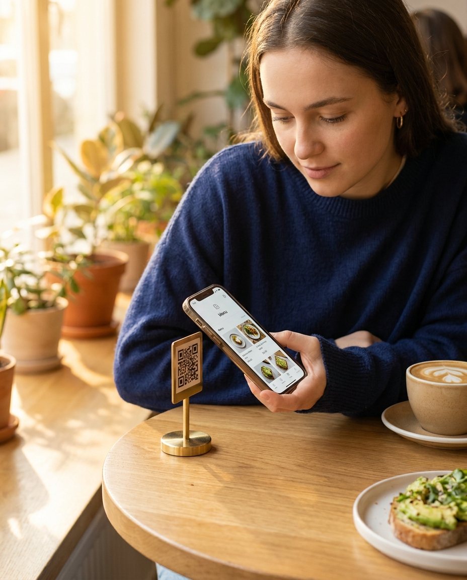 A guest scanning a QR menu at a table