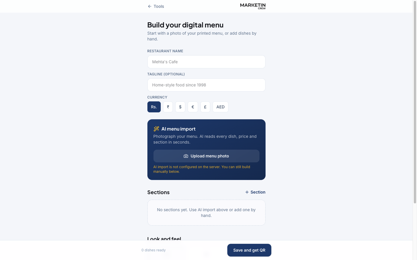The QR menu builder